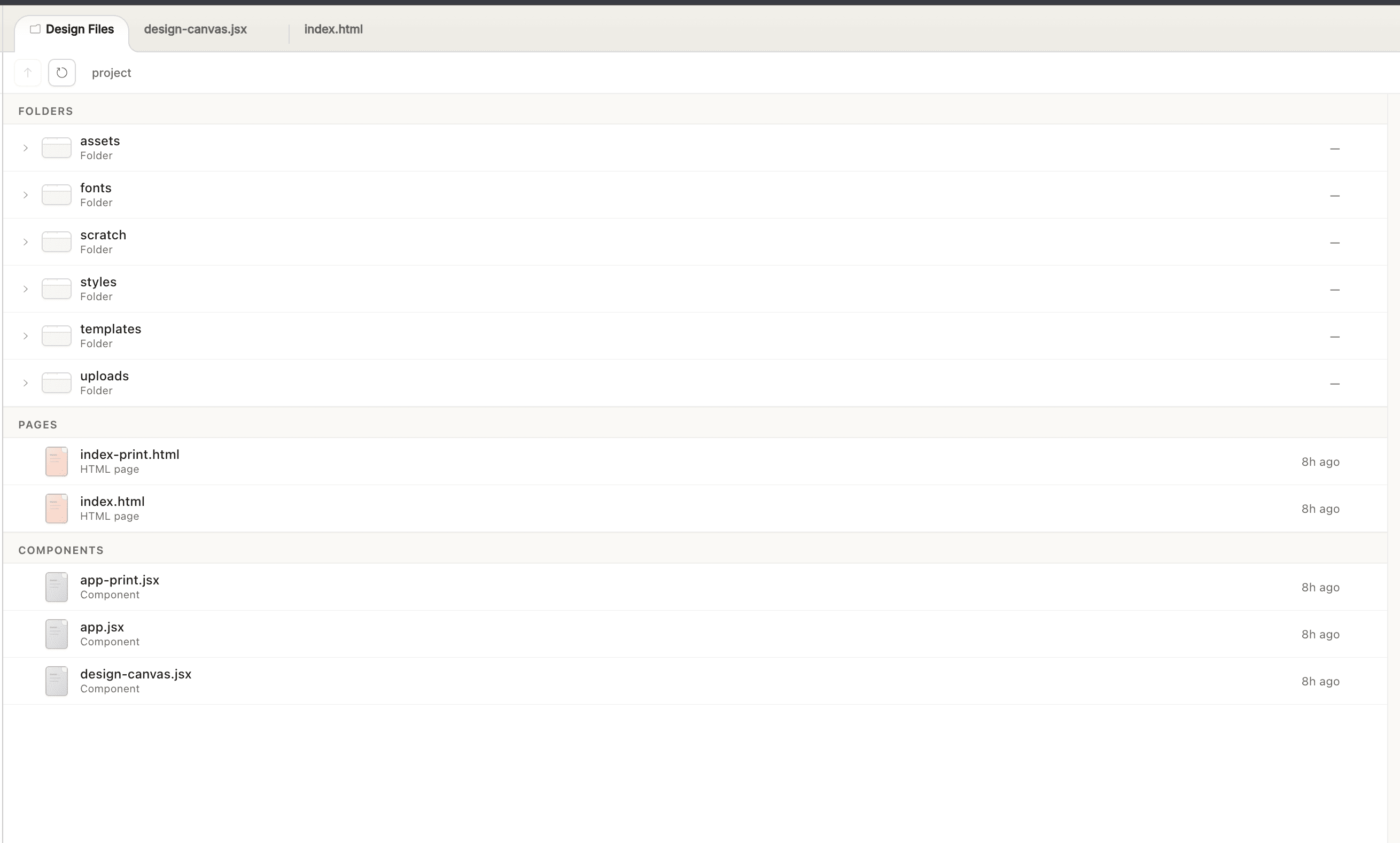 Claude Design file explorer showing assets, fonts, styles, templates and components